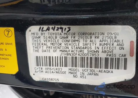 2002 Lexus Ls 430 из США, поврежденный, VIN JTHBN30F420057853